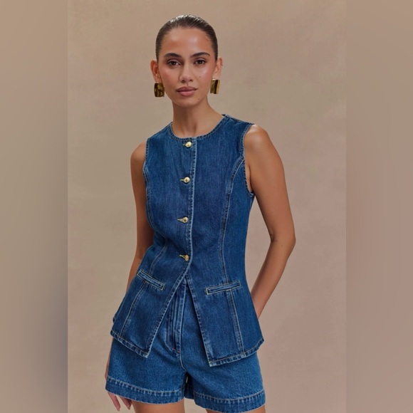 Meshki Indigo Denim Buttoned Vest & Shorts Set - Picture 4 of 5
